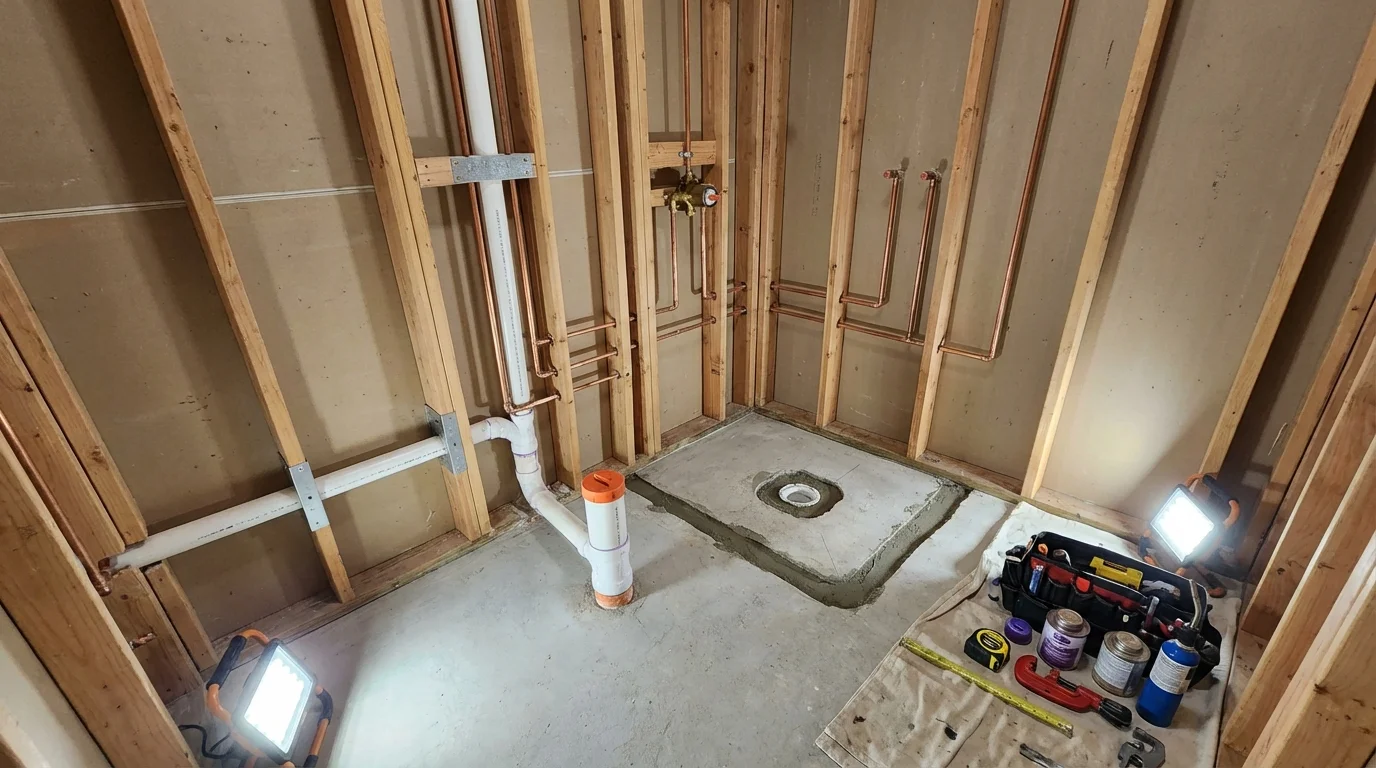 Bathroom rough-in plumbing during remodel by Johns Plumbing LLC in Nettleton
