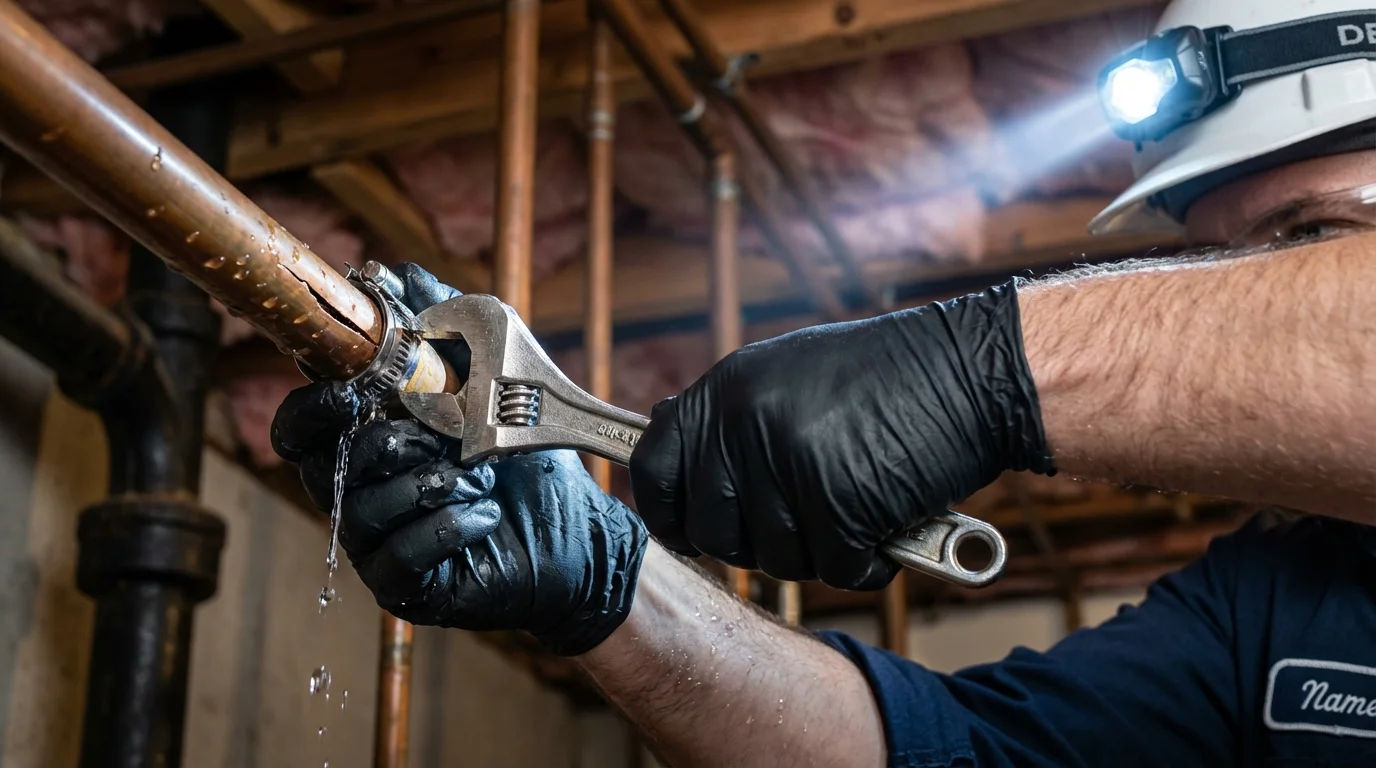 Emergency pipe clamp repair being performed by a Johns Plumbing LLC plumber in Nettleton