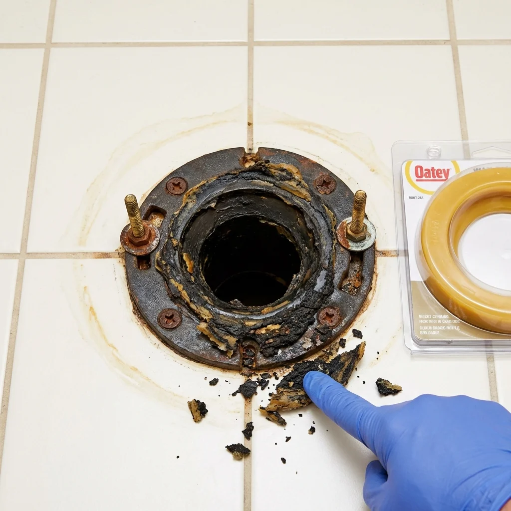 Failed wax ring showing water seepage at the base of a toilet in a Nettleton, MS home