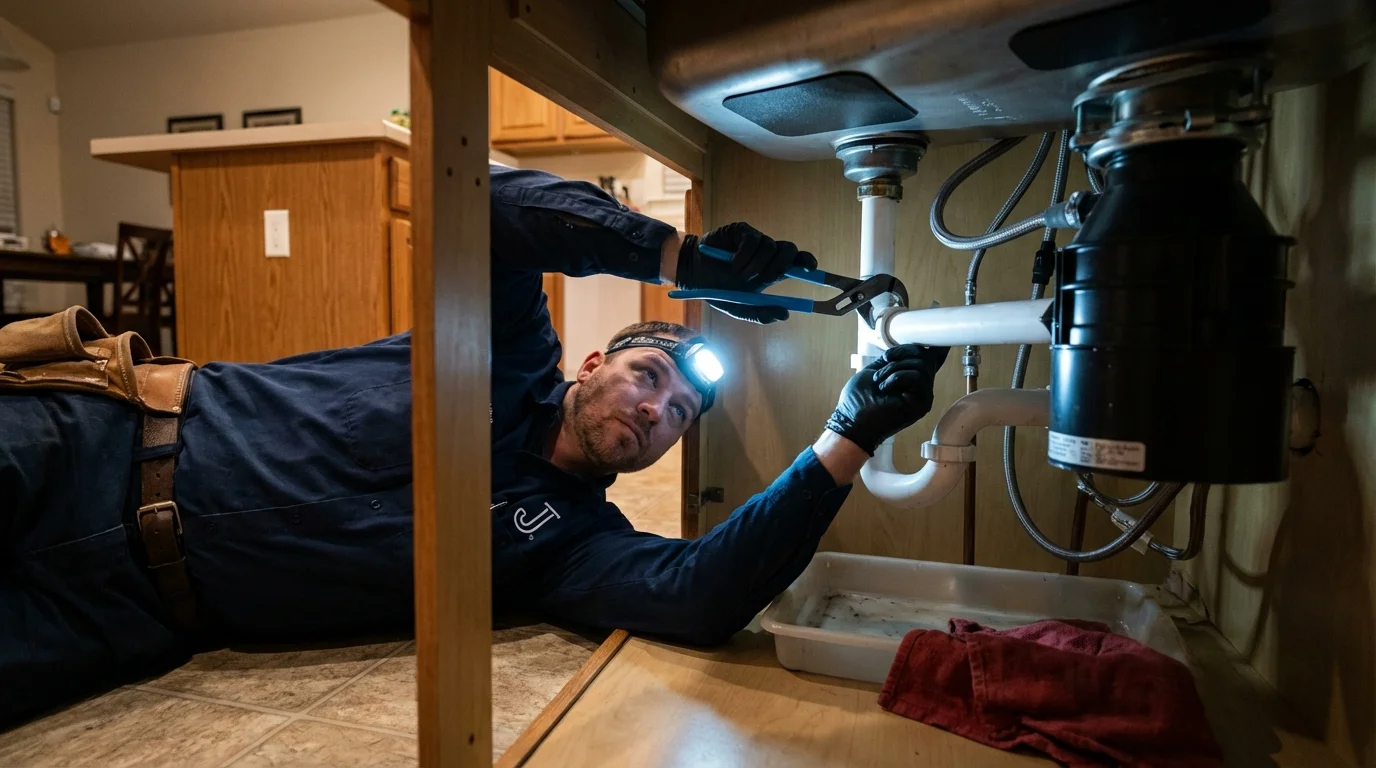 P-trap and supply line connections under a kitchen sink showing a common leak point in Nettleton, MS